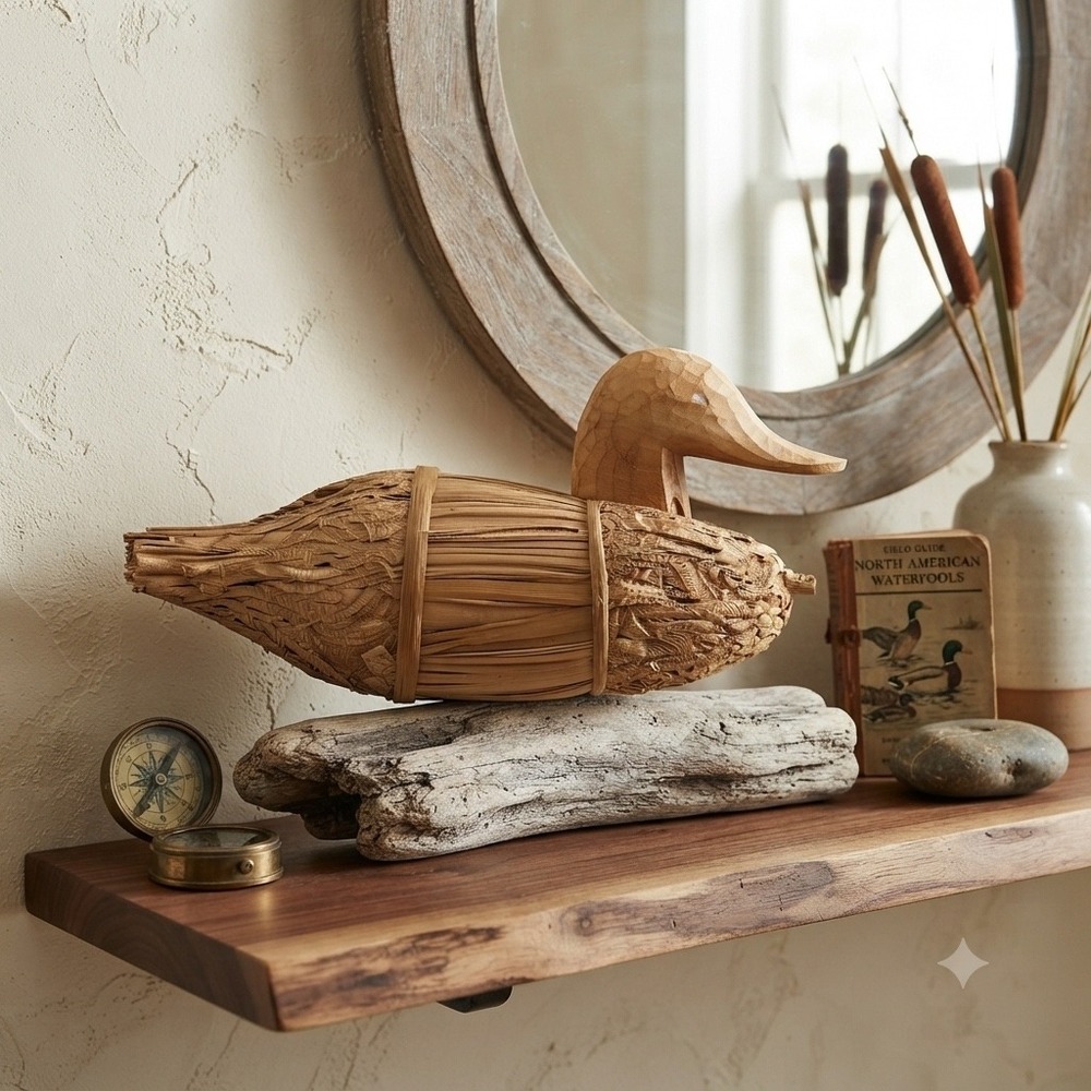 VTG Folk Art Carved Wood Straw Composite Duck Decoy Rustic‎ Cabin Core Primitive